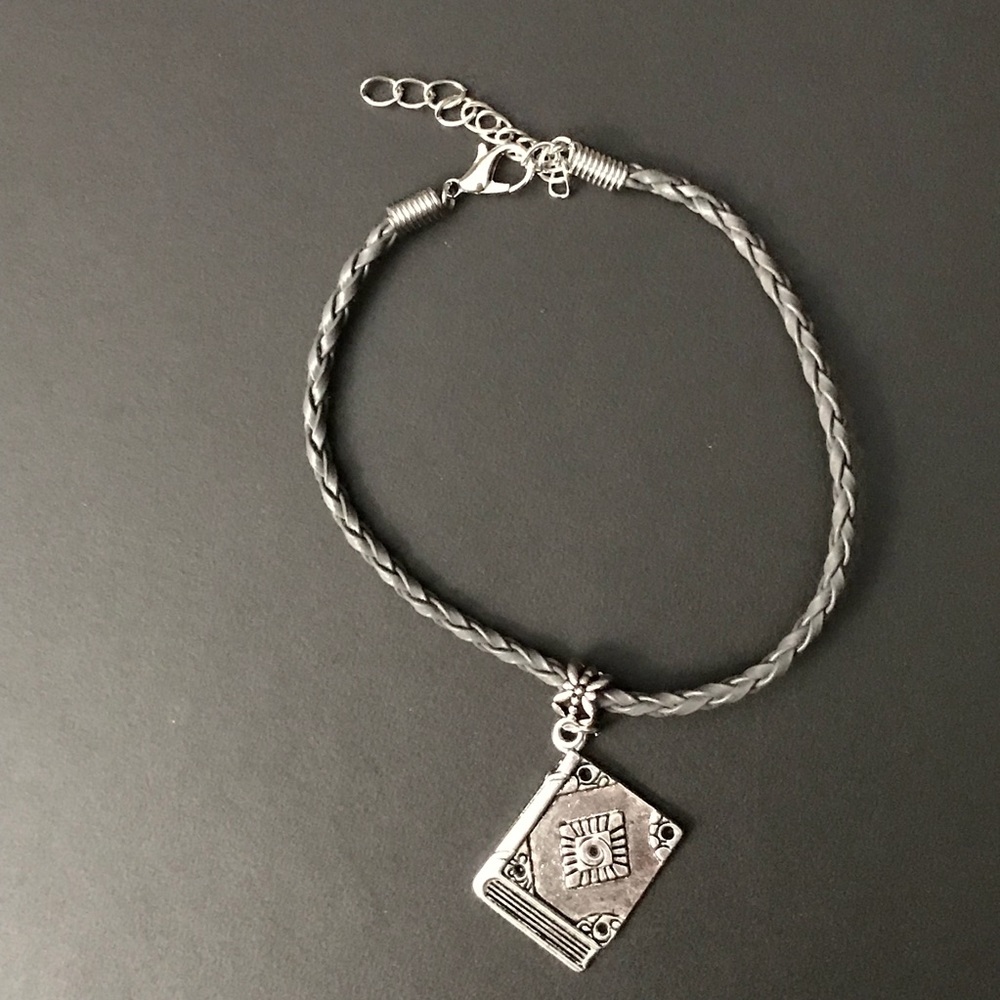 Gray Braided Leather Book Charm Bracelet